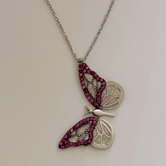 Jewelry - 925 Silver butterfly necklace handmade enamel cz stones